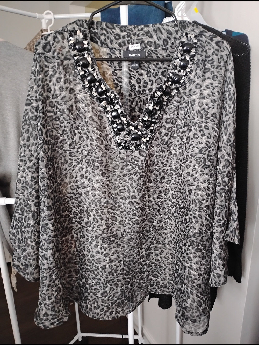 Kaktus Women Gray Leopard Print V-Neck Beaded  Embellish Semi Sheer  Tunic Top